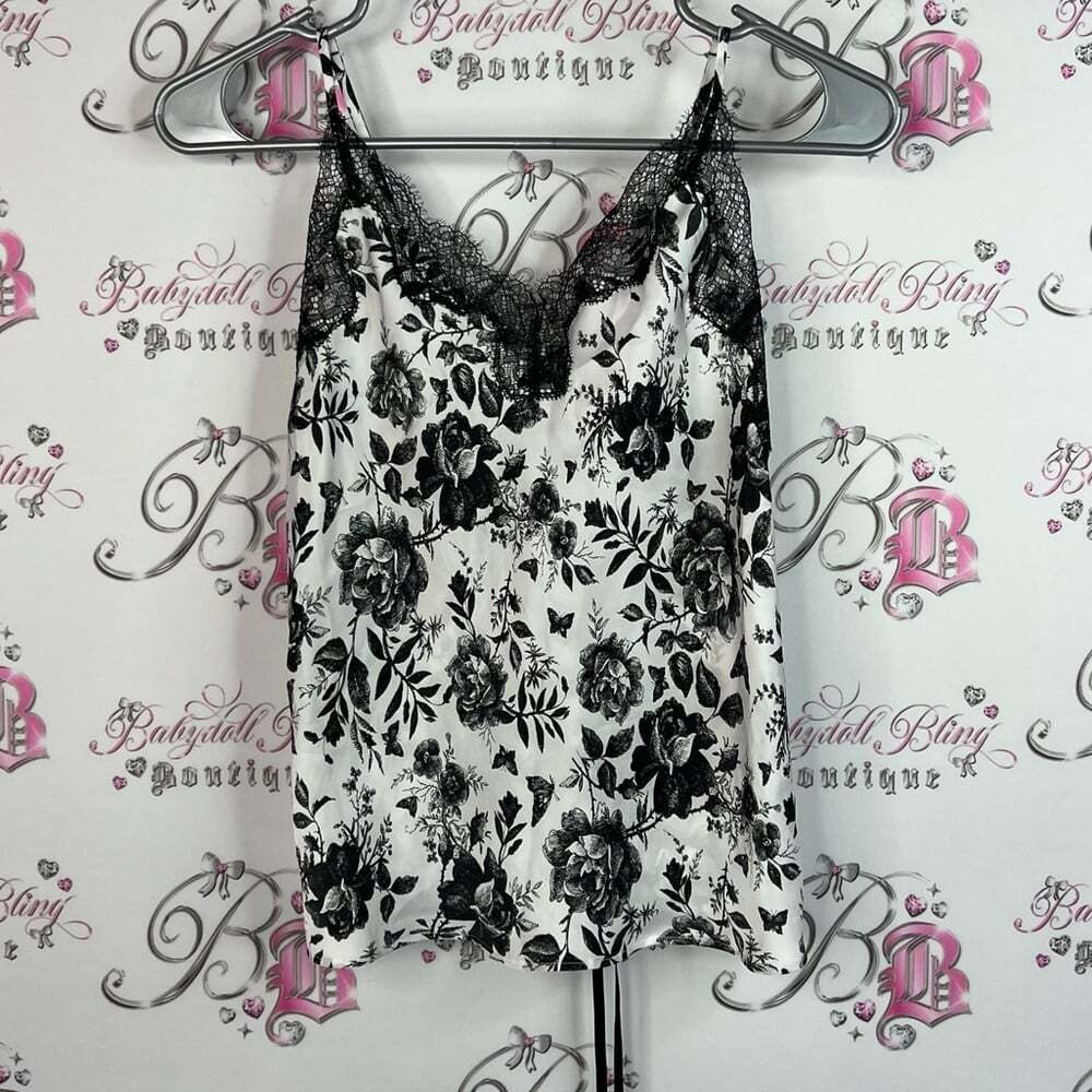 Victoria's Secret tank top lace up ribbon flowers Black and White Floral Cami